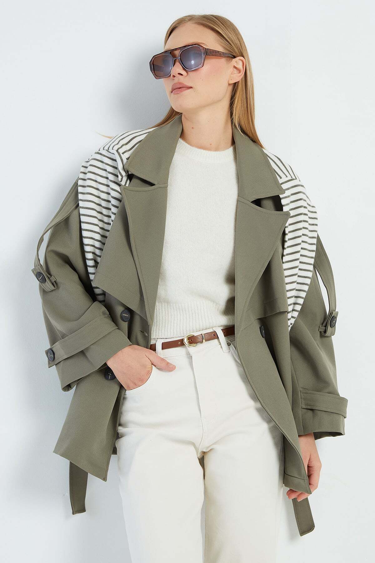 Beli Belted Double-Breasted Collar Oversize Trench Coat - MALLTURK