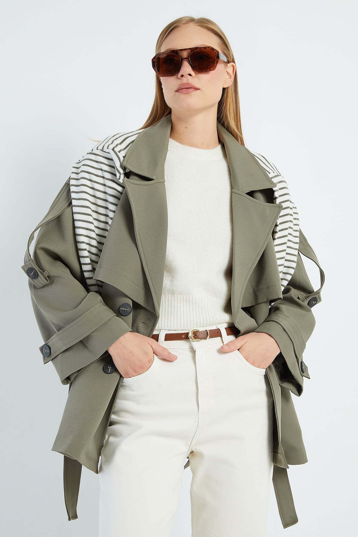Beli Belted Double-Breasted Collar Oversize Trench Coat - MALLTURK