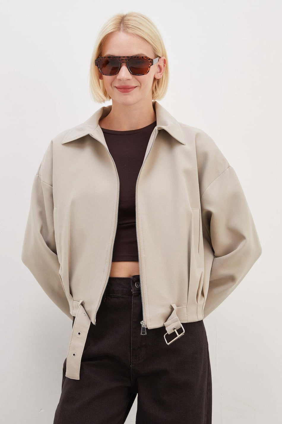 Beli Belted Pleated Polo Collar Short Trench Coat - MALLTURK