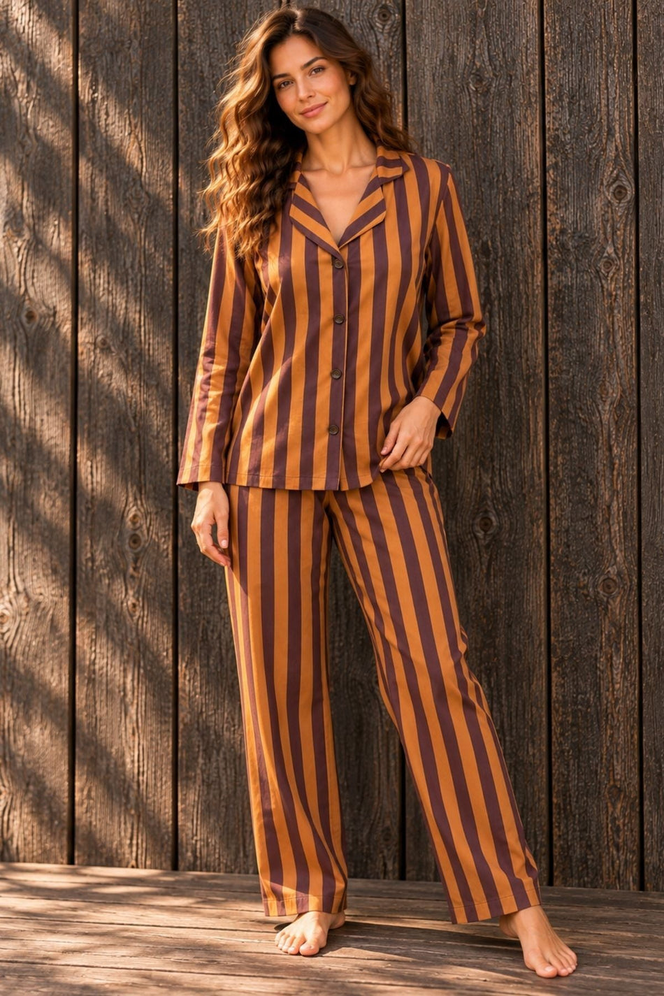 Belmando Woven Brown Tan Striped Buttoned Shirt Collar Long Sleeve Pajama Set - MALLTURK