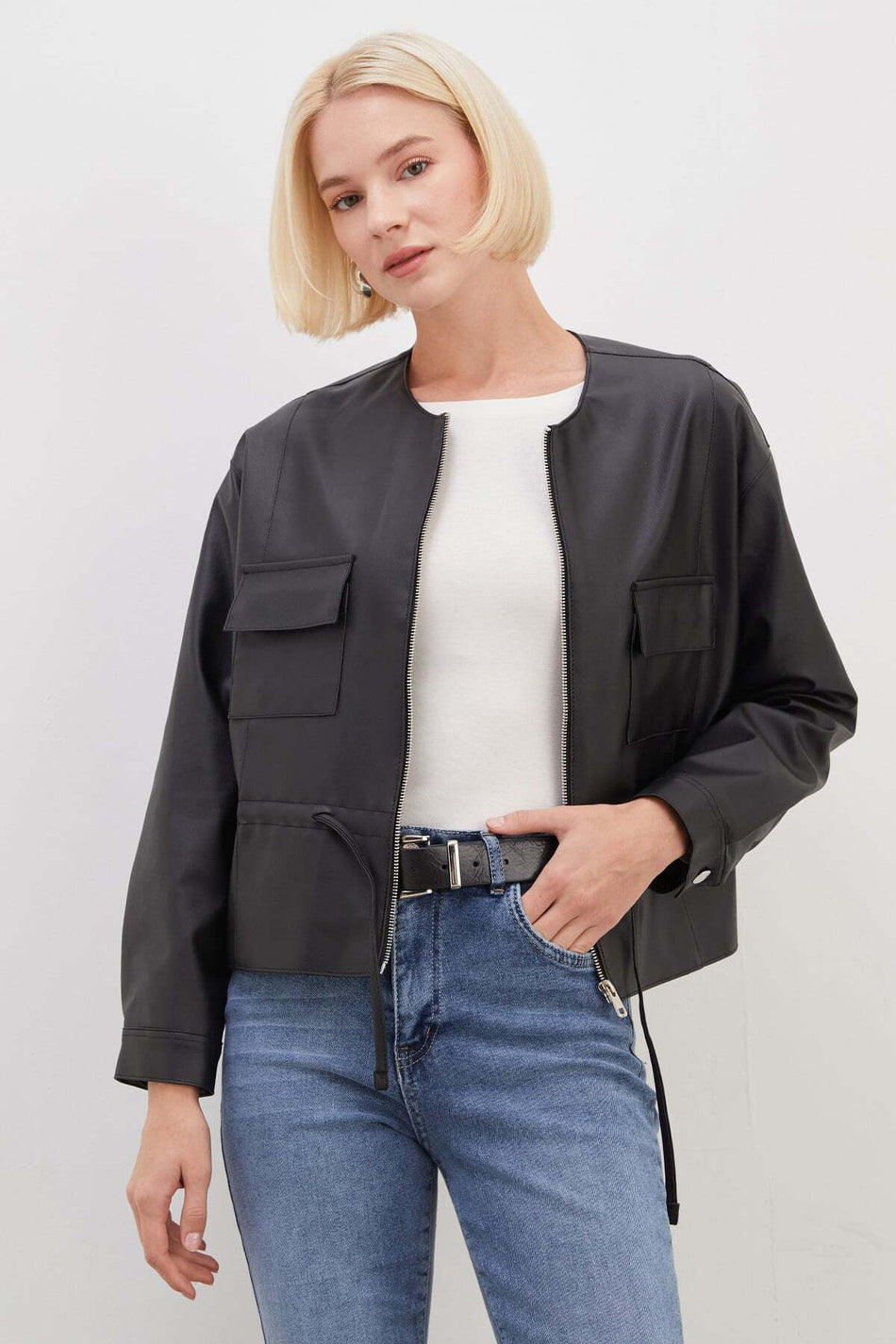 Belt-Tied, Zippered, Double-Pocket Faux Leather Jacket - MALLTURK
