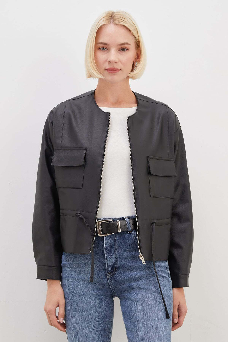 Belt-Tied, Zippered, Double-Pocket Faux Leather Jacket - MALLTURK