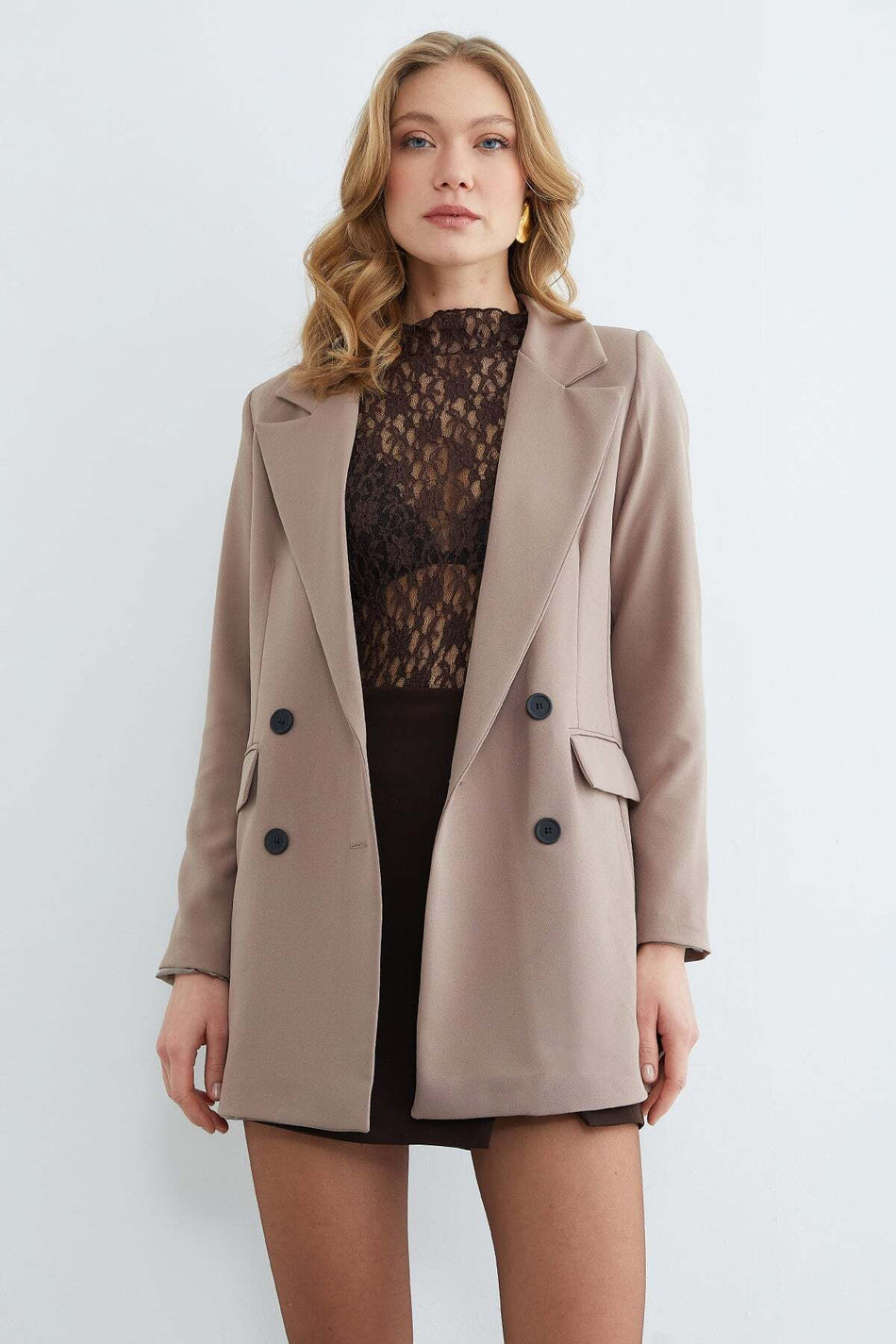 Belted Double-Breasted Collared Buttoned Jacket - MALLTURK