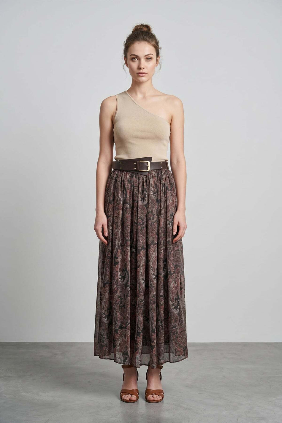 Belted Ethnic Patterned Maxi Length Chiffon Skirt - MALLTURK