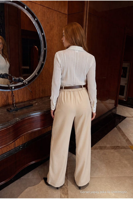 Belted Oversize Wide Leg Palazzo Fabric Trousers Beige - MALLTURK