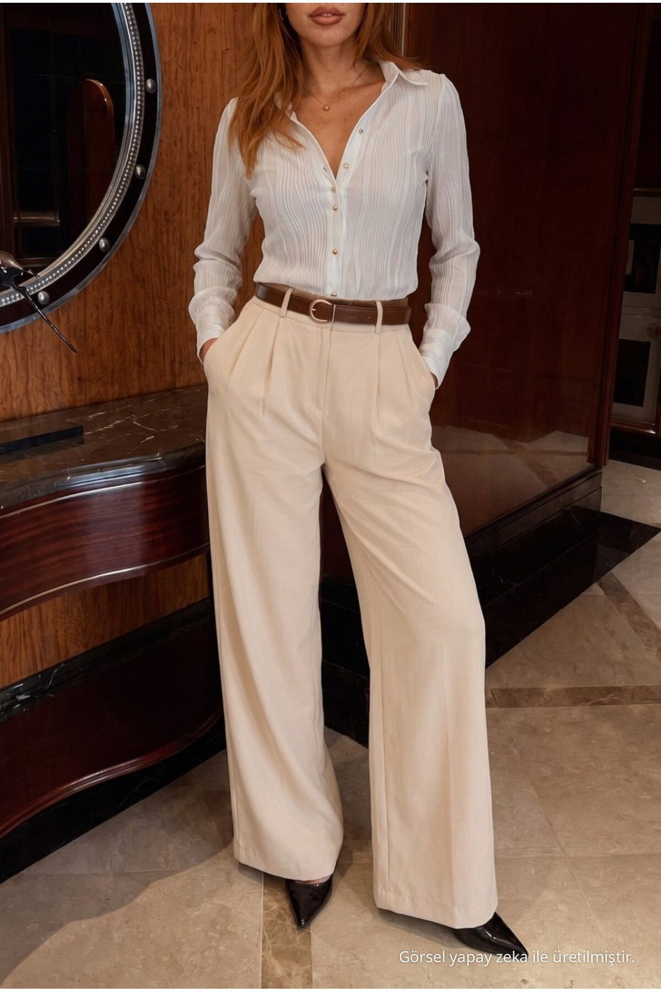 Belted Oversize Wide Leg Palazzo Fabric Trousers Beige - MALLTURK