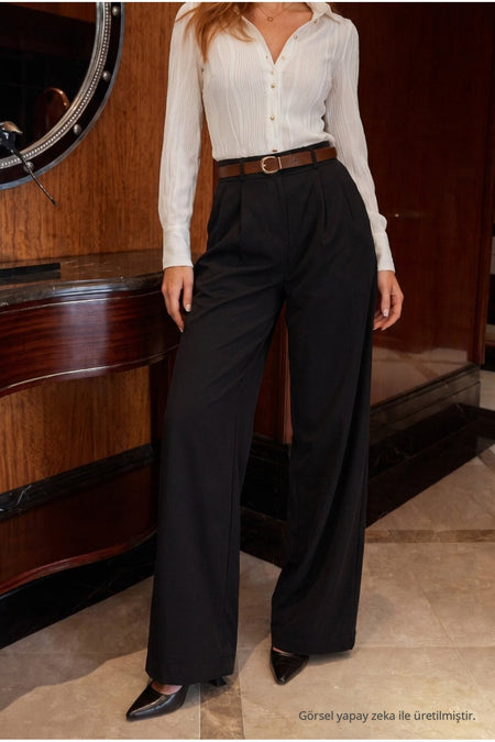 Belted Oversize Wide Leg Palazzo Fabric Trousers BLACK - MALLTURK