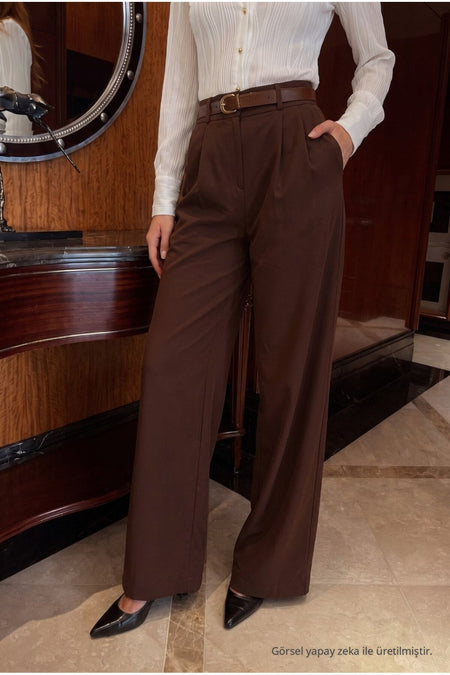 Belted Oversize Wide Leg Palazzo Fabric Trousers BROWN - MALLTURK