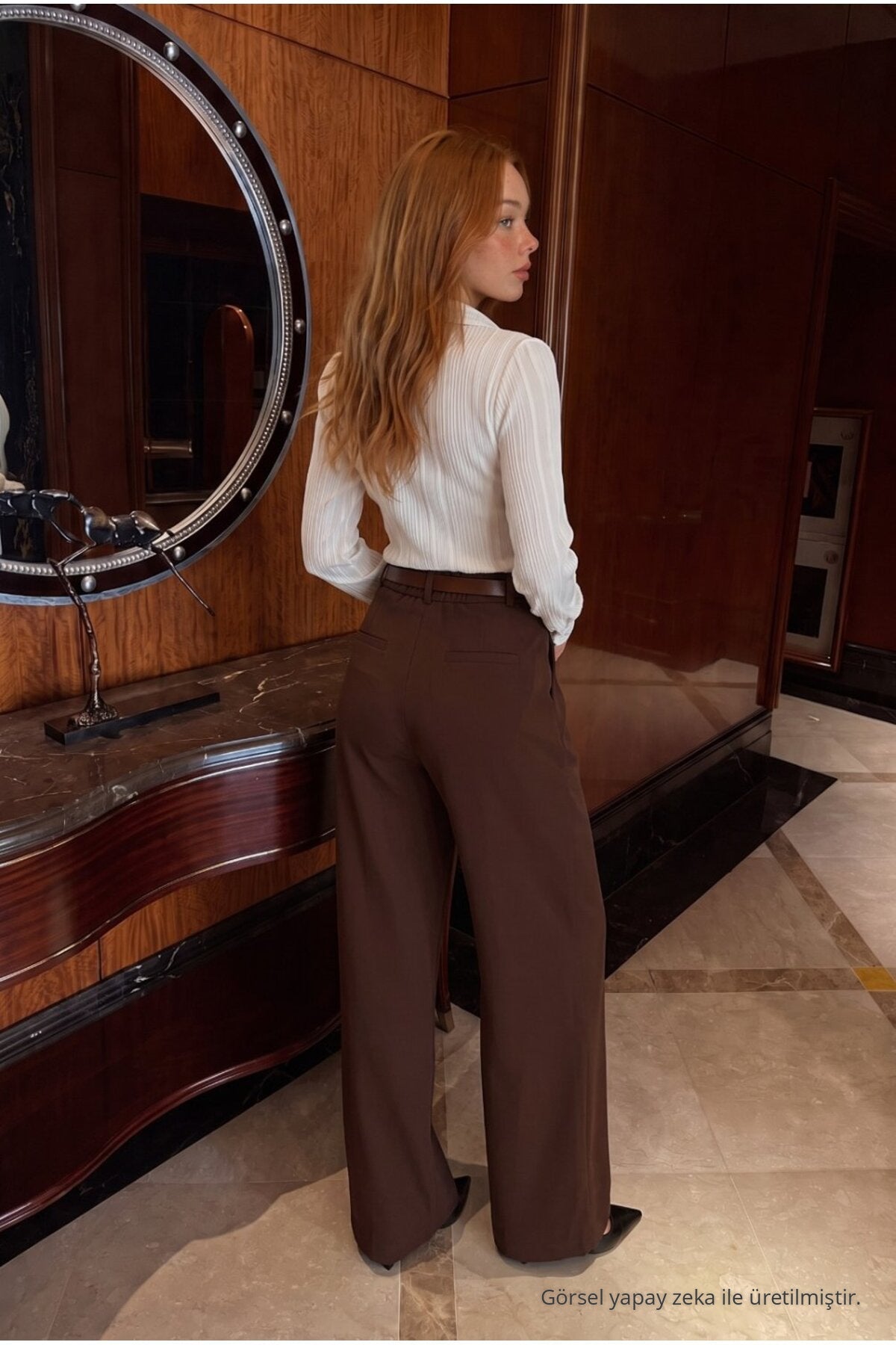 Belted Oversize Wide Leg Palazzo Fabric Trousers BROWN - MALLTURK
