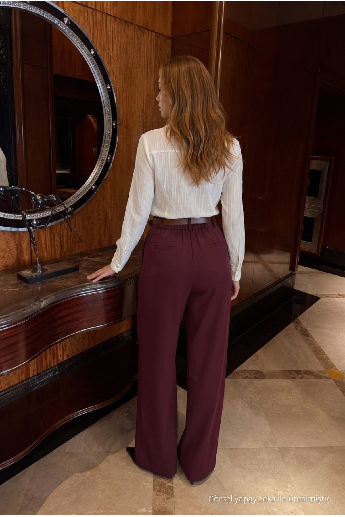 Belted Oversize Wide Leg Palazzo Fabric Trousers BURGUNDY - MALLTURK
