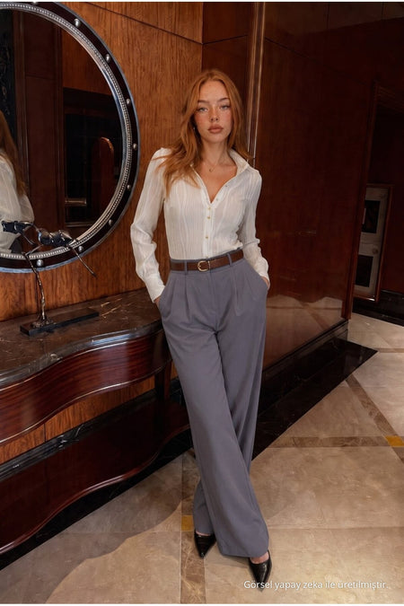 Belted Oversize Wide Leg Palazzo Fabric Trousers GRAY - MALLTURK