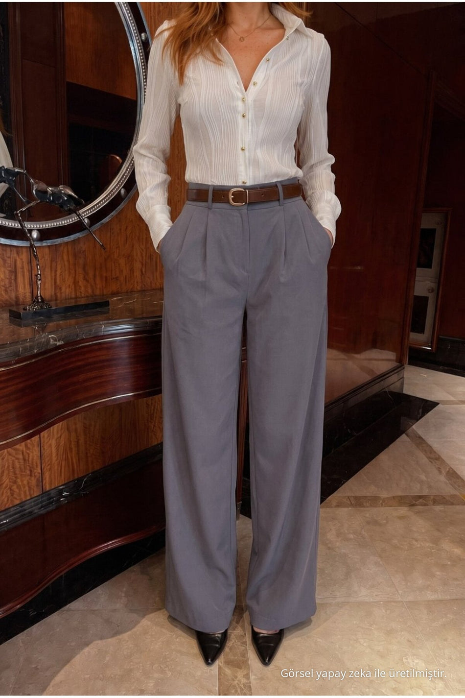 Belted Oversize Wide Leg Palazzo Fabric Trousers GRAY - MALLTURK