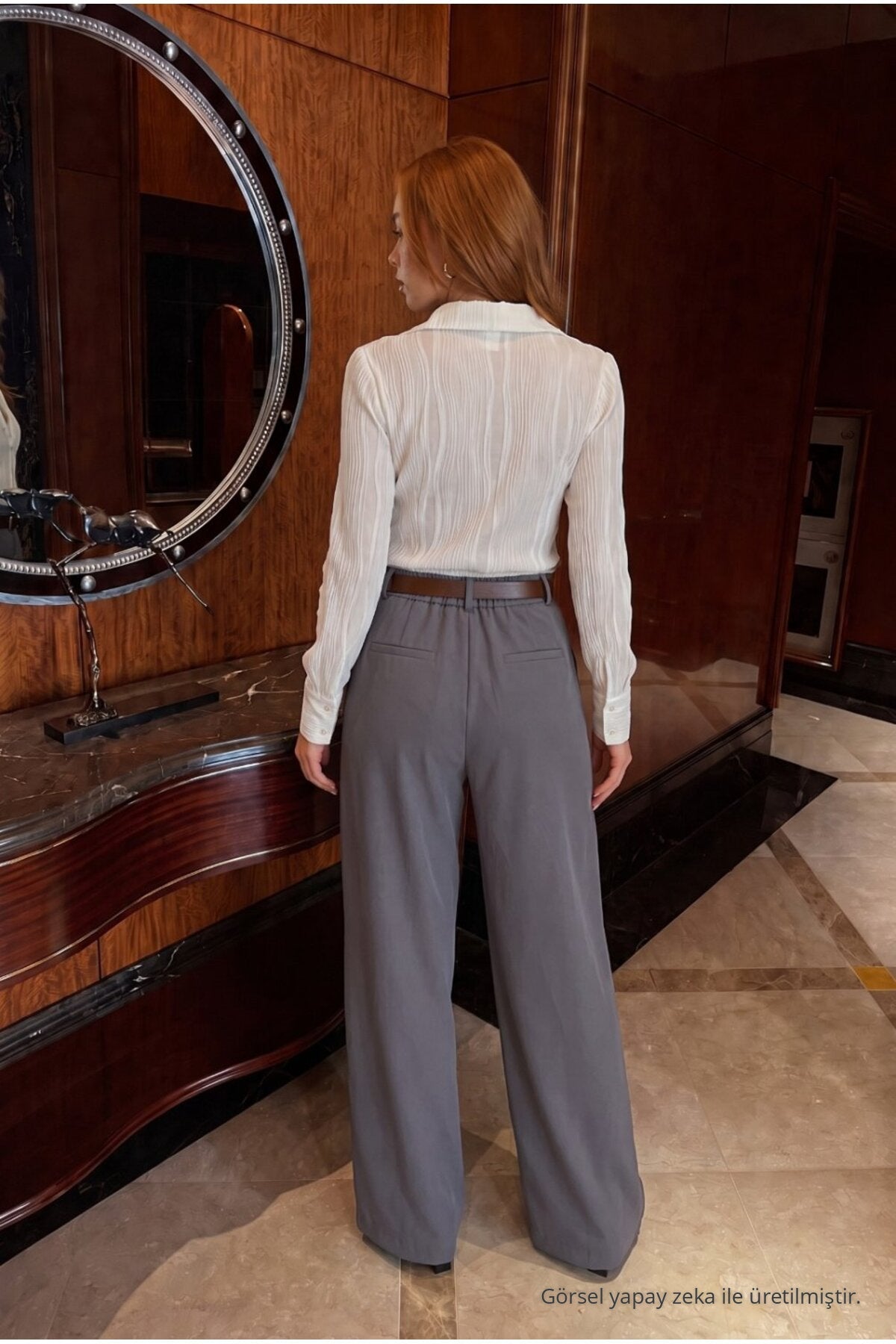 Belted Oversize Wide Leg Palazzo Fabric Trousers GRAY - MALLTURK