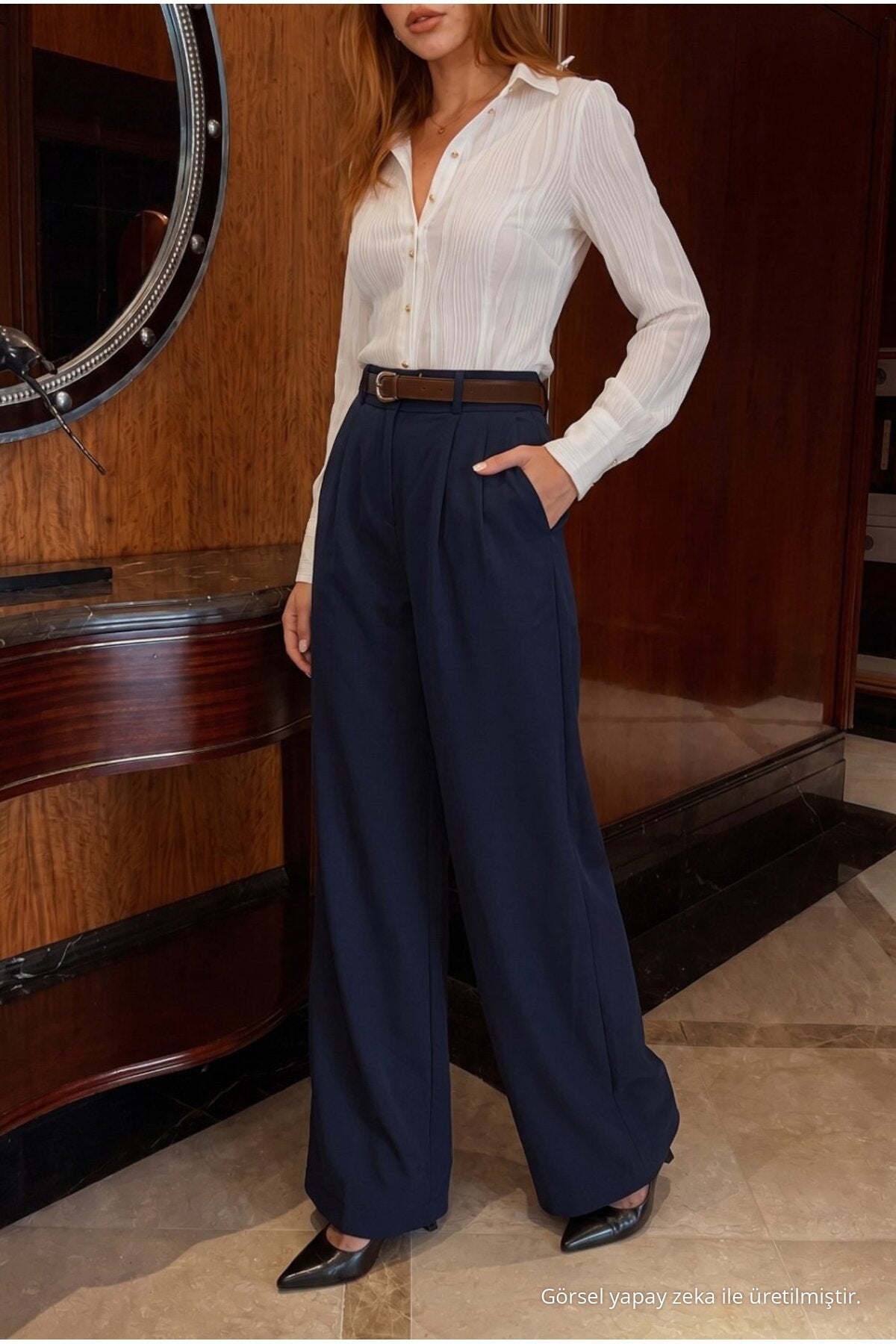 Belted Oversize Wide Leg Palazzo Fabric Trousers NAVY BLUE - MALLTURK