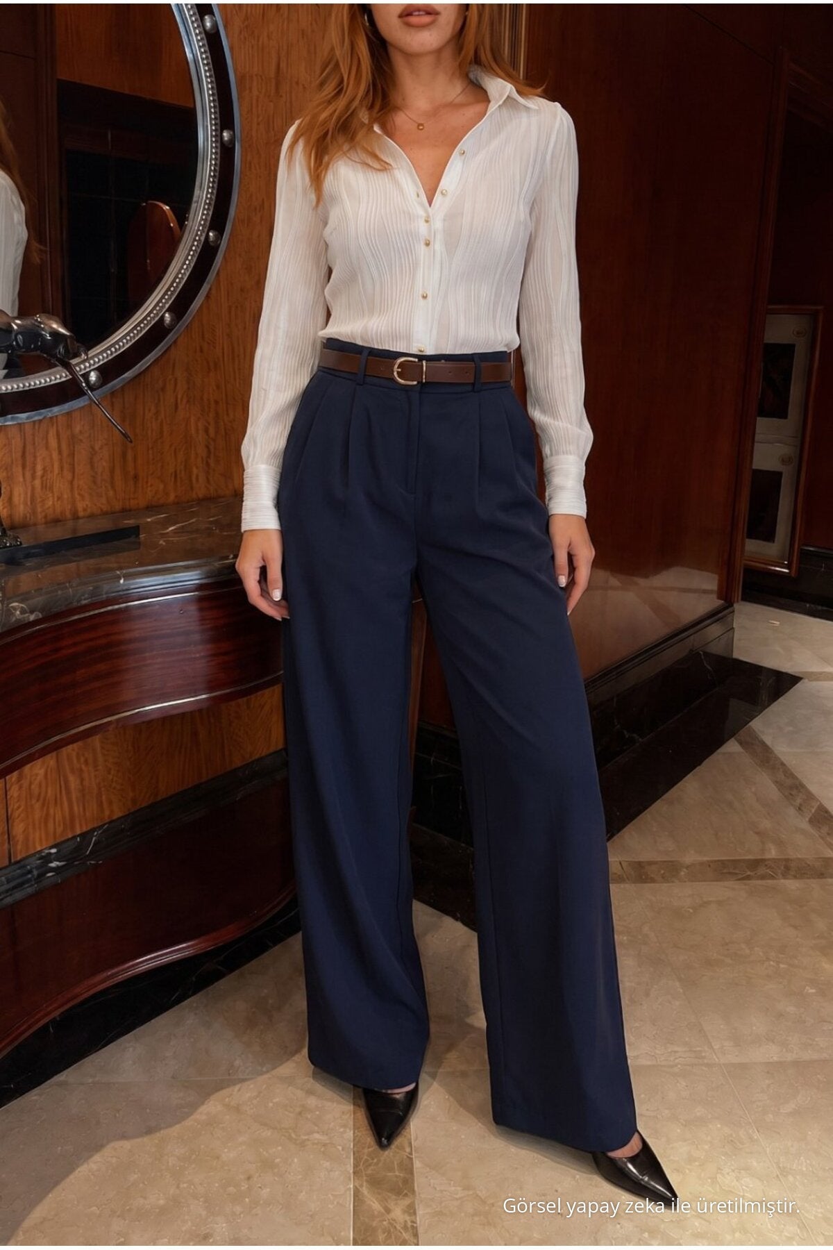 Belted Oversize Wide Leg Palazzo Fabric Trousers NAVY BLUE - MALLTURK