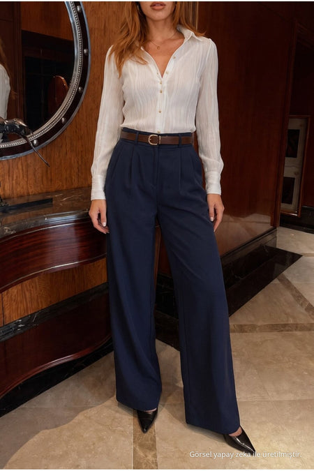 Belted Oversize Wide Leg Palazzo Fabric Trousers NAVY BLUE - MALLTURK