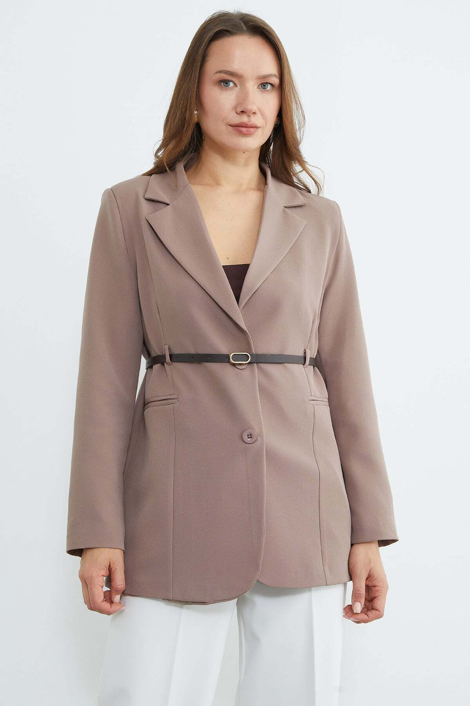 Belted Shoulder Padded Blazer Jacket - MALLTURK
