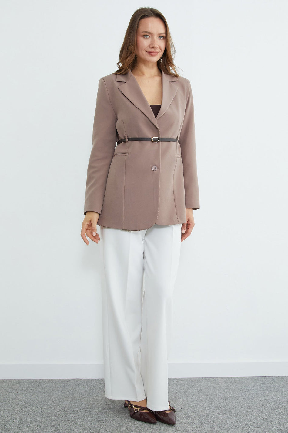 Belted Shoulder Padded Blazer Jacket - MALLTURK