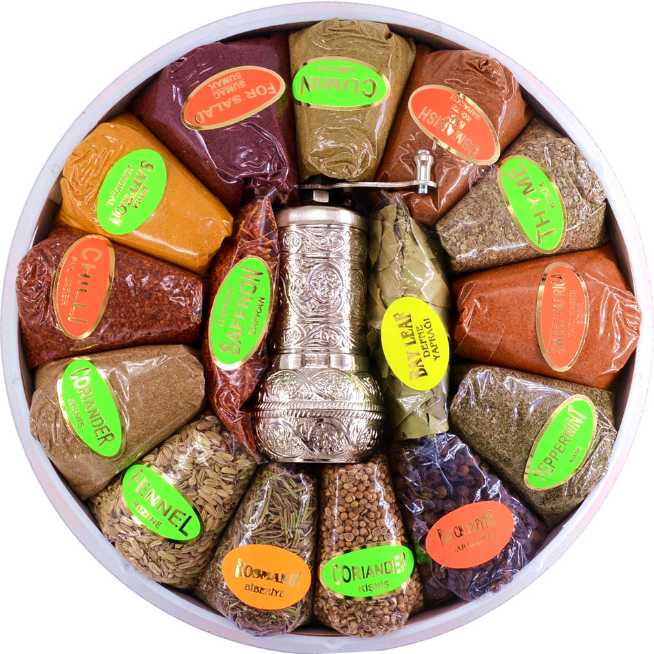 Big Turkish Spice Basket with Grinder, 15 Different Turkish Spice