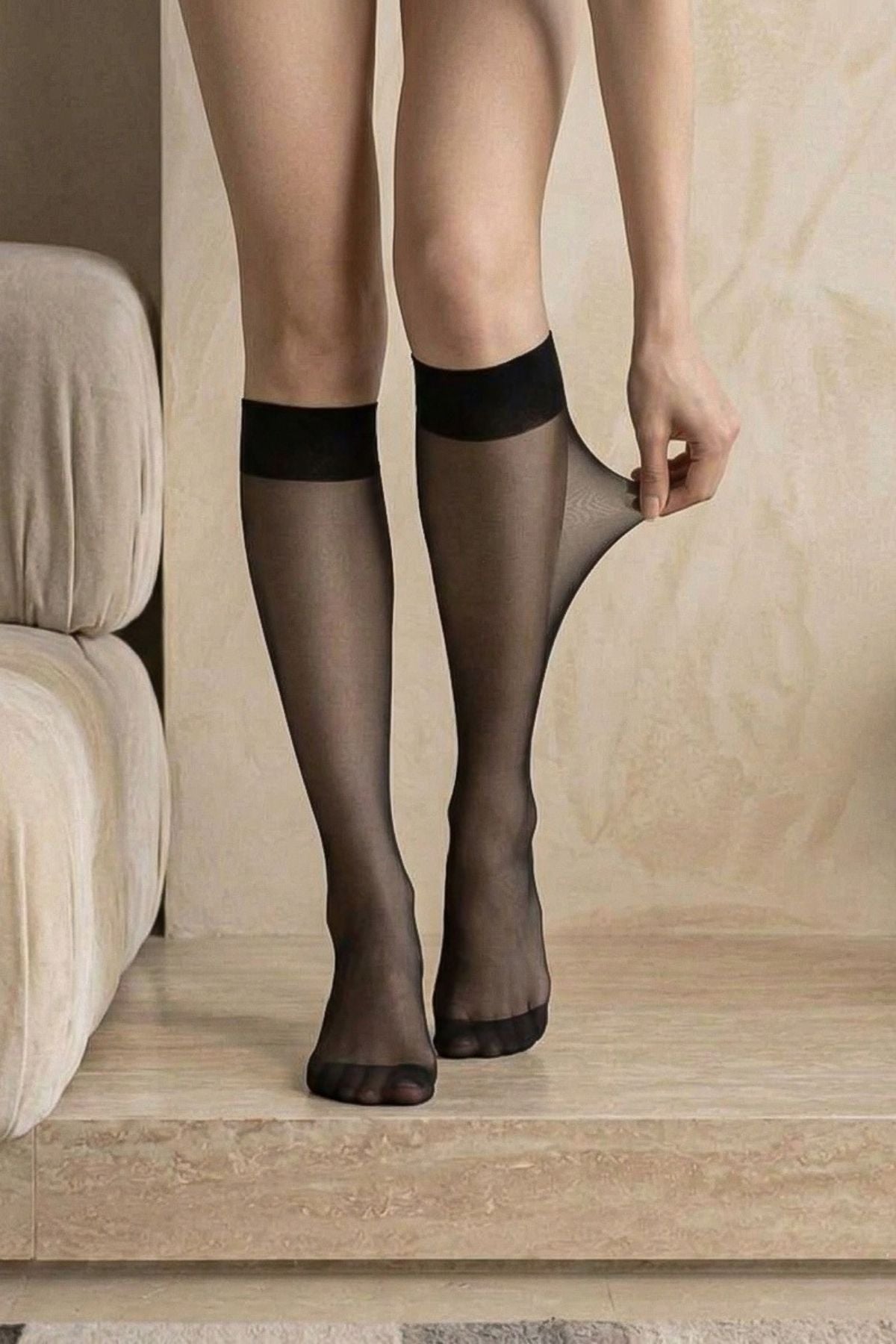Black Below the Knee Shiny Toe Comfortable Elastic 3-Piece Socks - MALLTURK