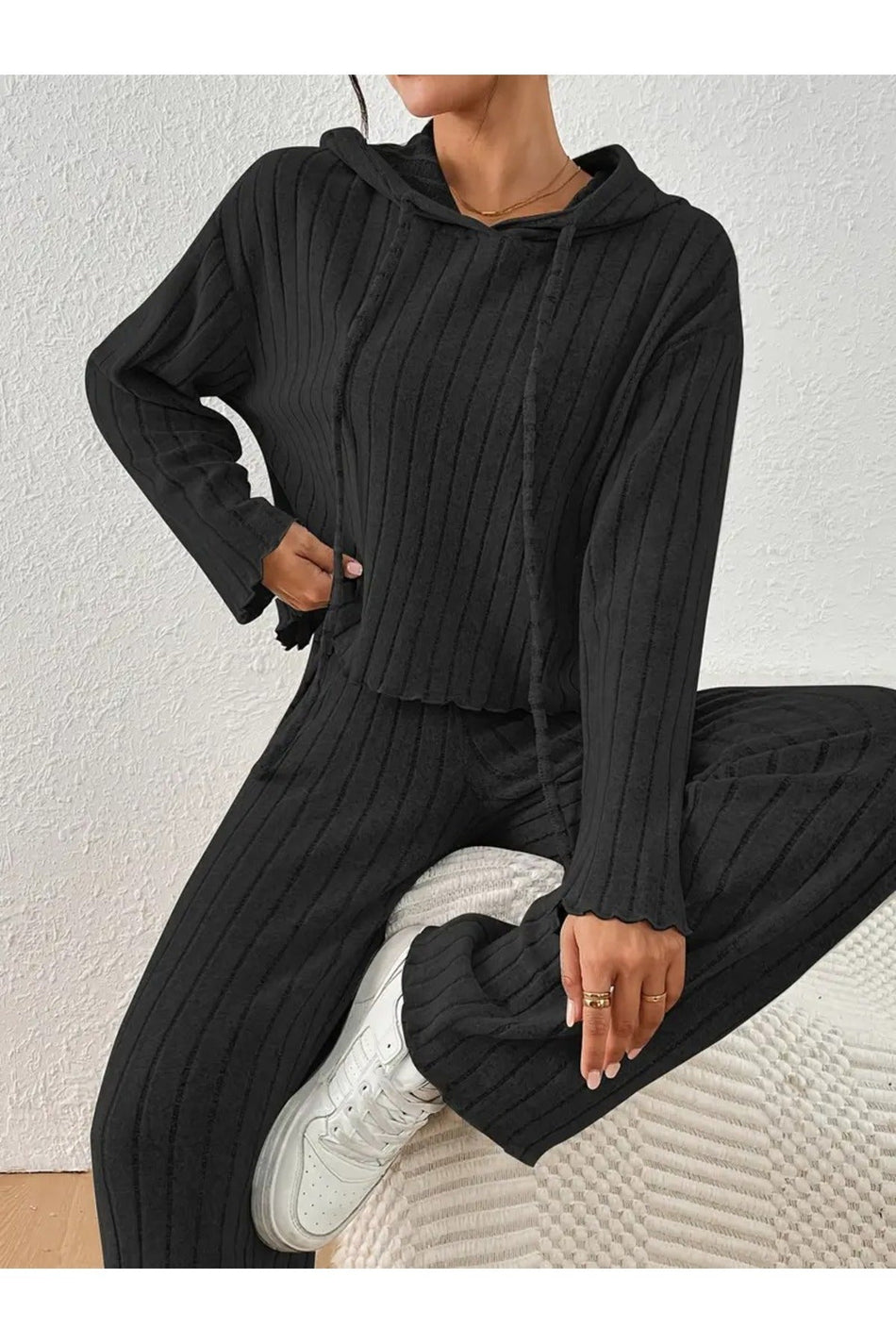 Black Corduroy Hooded Cotton Long Sleeve Pajama Set - MALLTURK