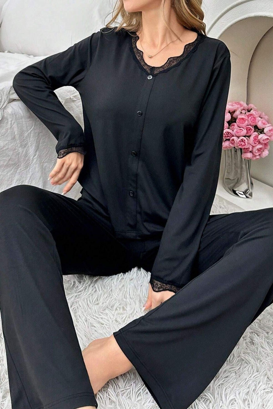 Black Cotton Lace Detailed Seasonal Pajama Set - MALLTURK