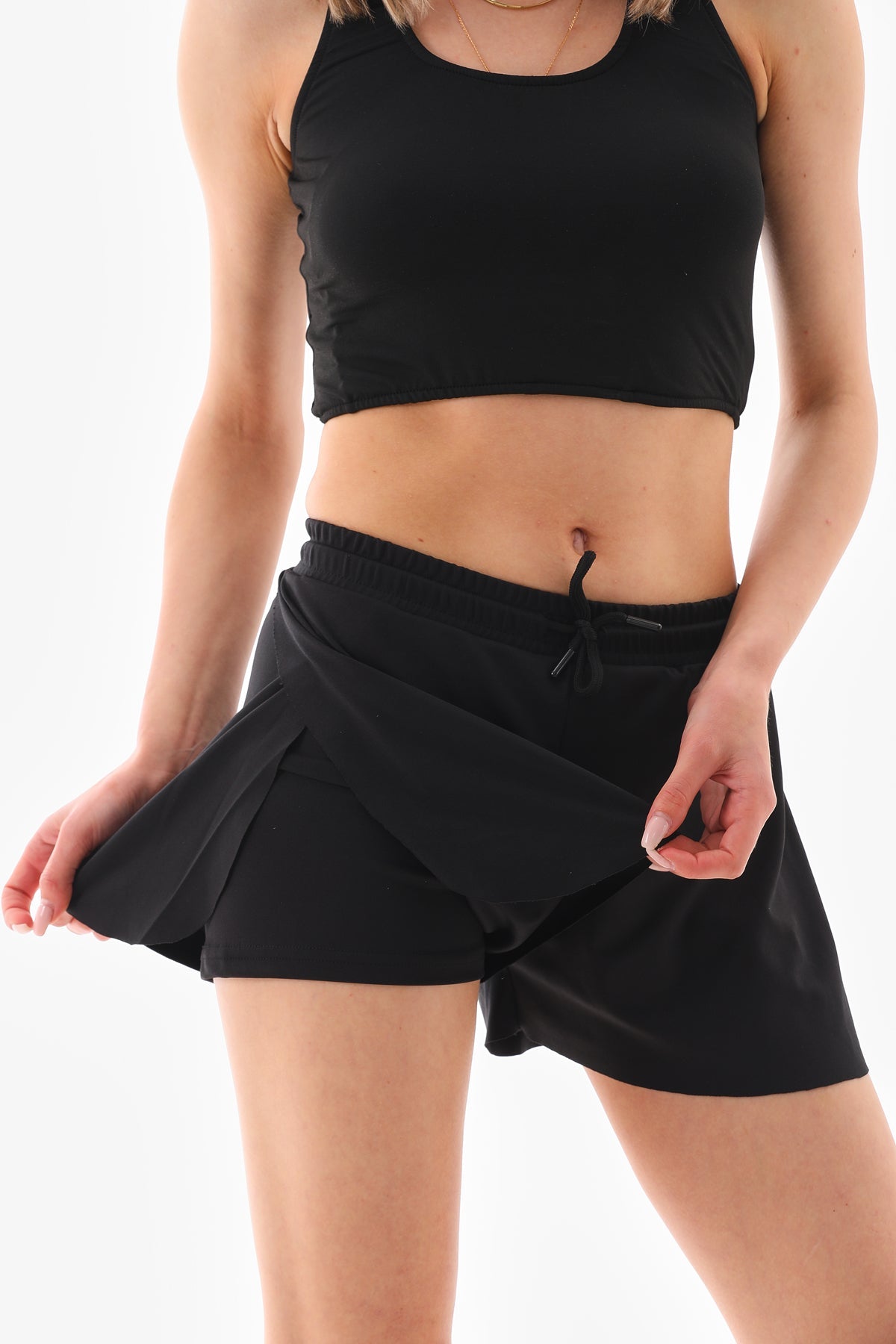 Black Double Layer Leggings Sports Shorts - MALLTURK