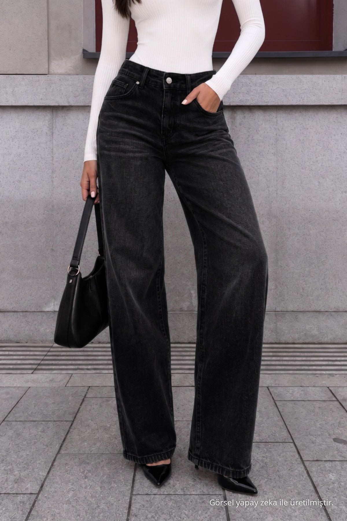 Black Faded Effect Vintage High Waist Wide Leg Jeans with Lycra - MALLTURK