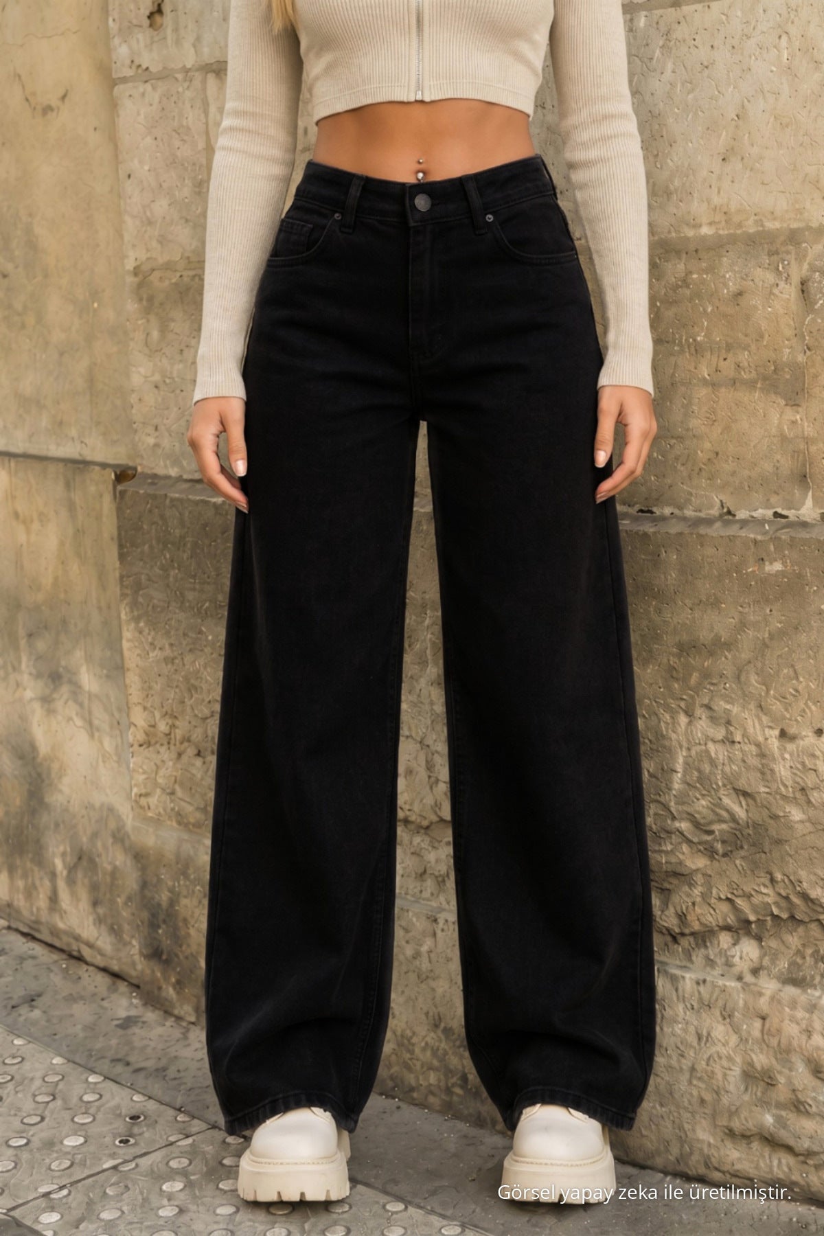 Black High Waist Wide Leg Palazzo Jeans - MALLTURK