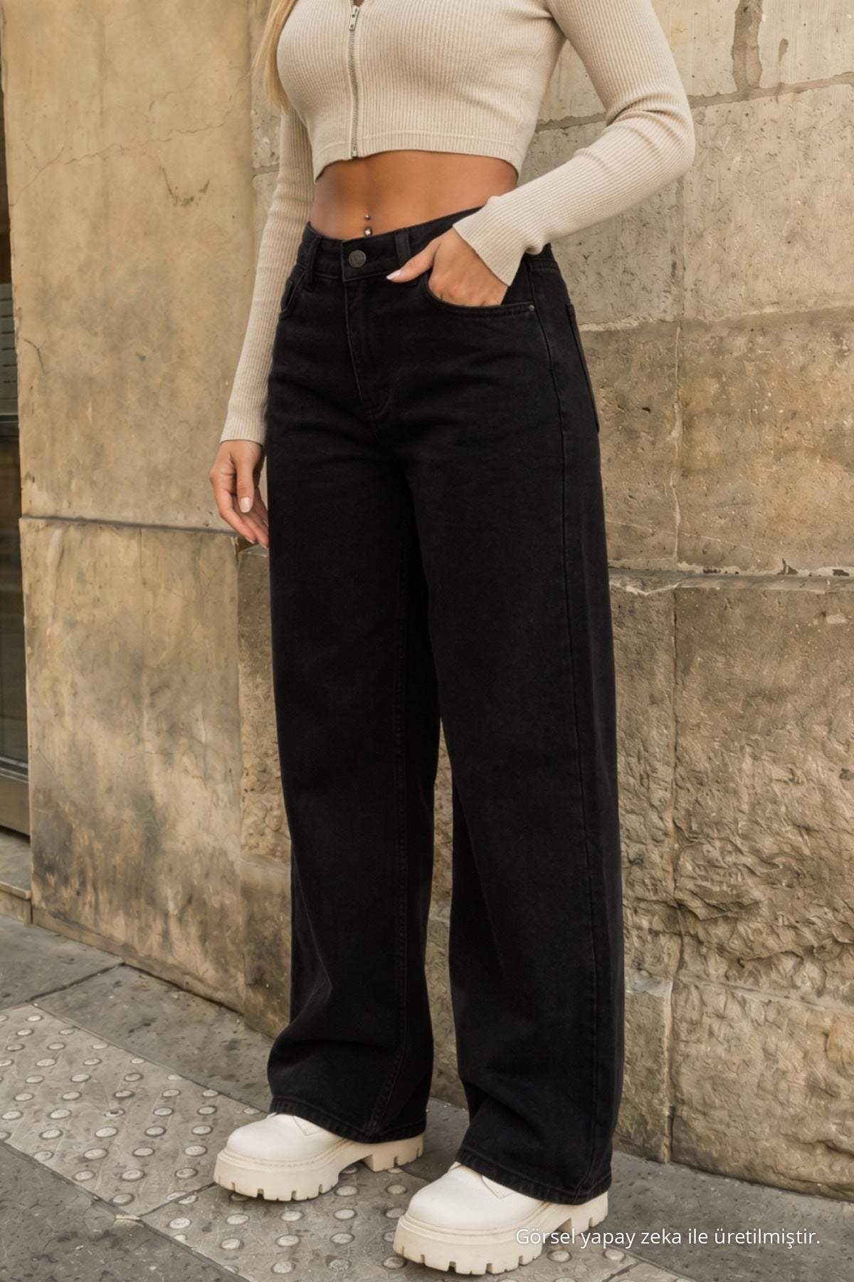Black High Waist Wide Leg Palazzo Jeans - MALLTURK
