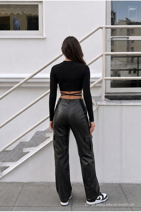 Black Leather High-Waisted Lined Wide-Leg Palazzo Pants - MALLTURK
