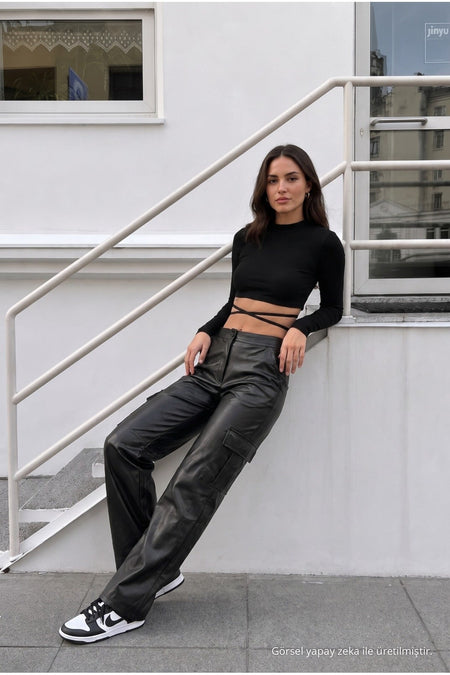 Black Leather High-Waisted Lined Wide-Leg Palazzo Pants - MALLTURK