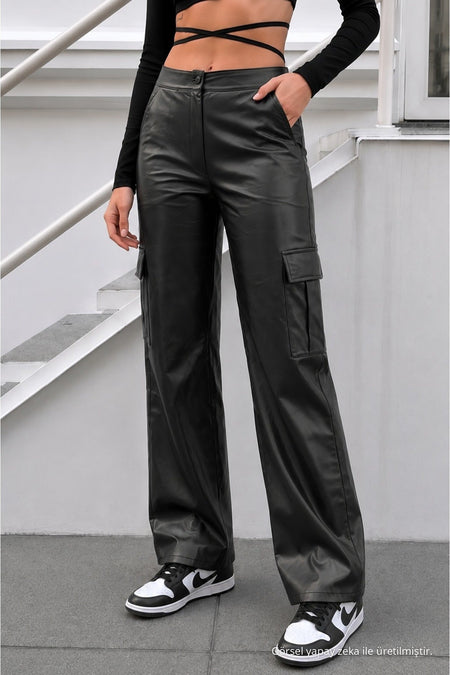 Black Leather High-Waisted Lined Wide-Leg Palazzo Pants - MALLTURK