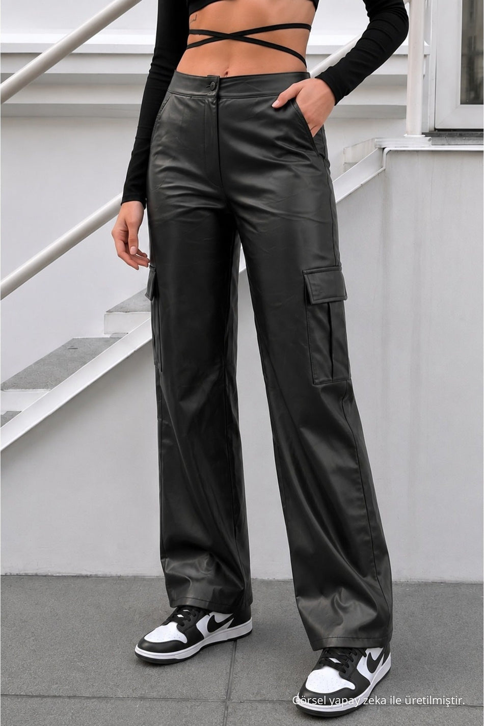 Black Leather High-Waisted Lined Wide-Leg Palazzo Pants - MALLTURK
