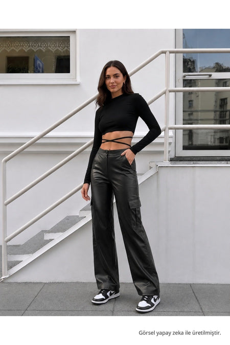 Black Leather High-Waisted Lined Wide-Leg Palazzo Pants - MALLTURK