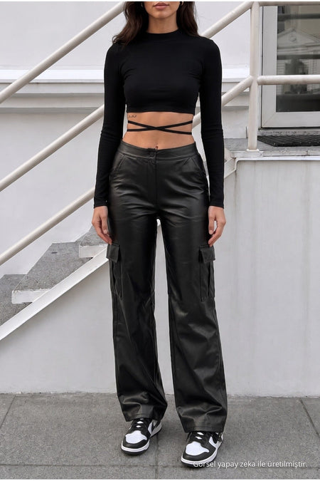 Black Leather High-Waisted Lined Wide-Leg Palazzo Pants - MALLTURK