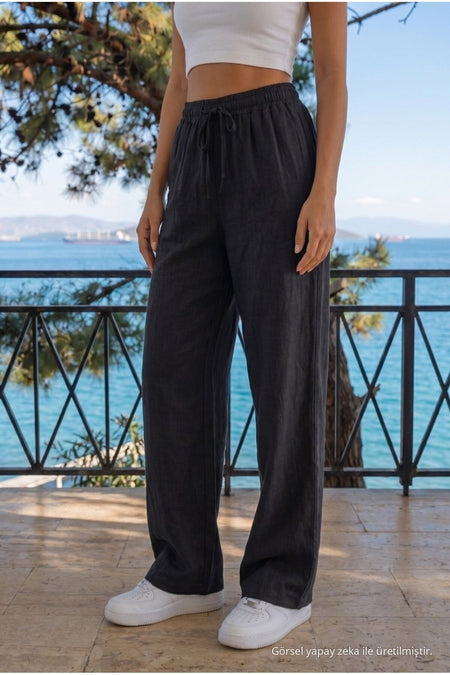 Black Linen Blend Loose Fit Elastic Waist Trousers - MALLTURK
