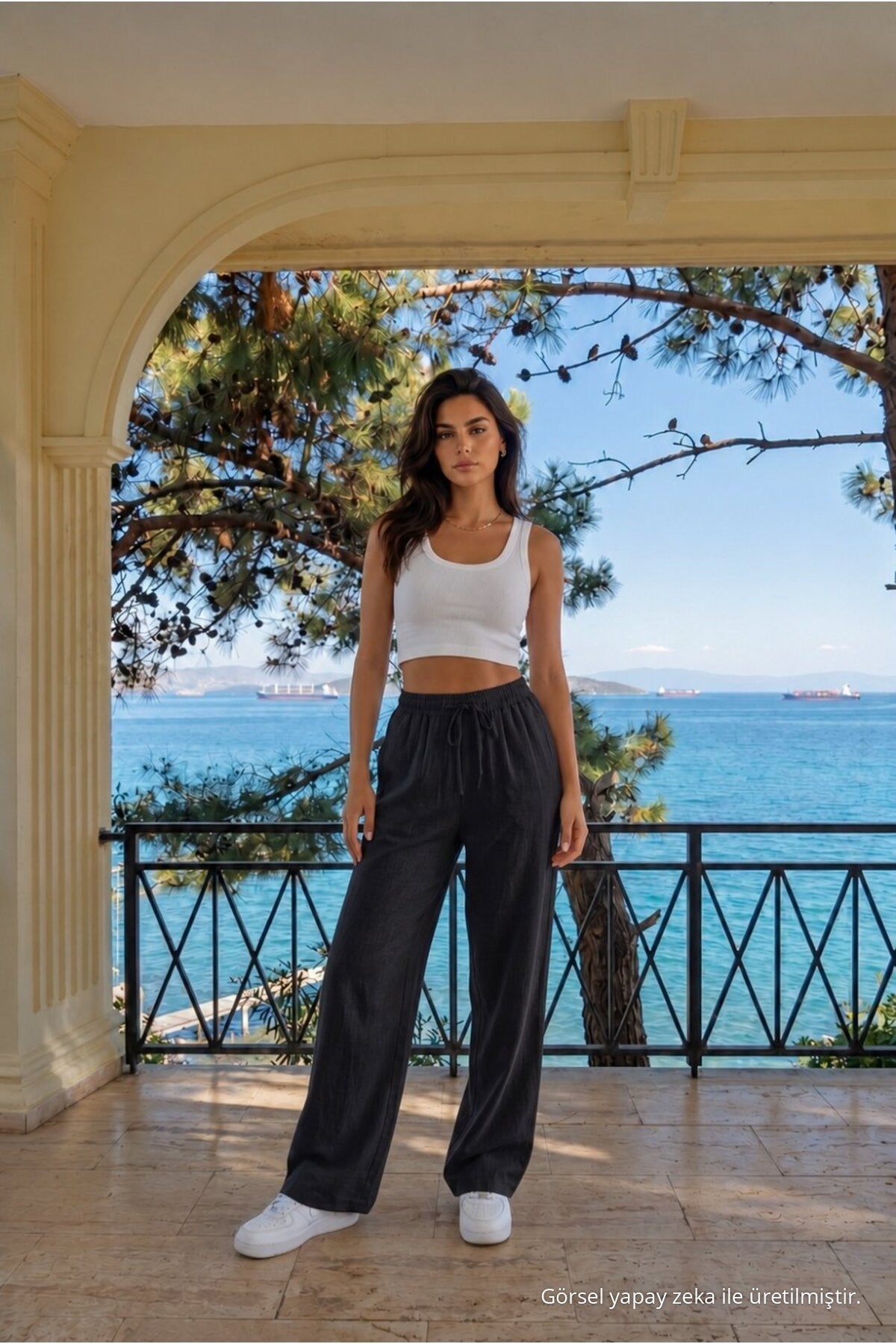 Black Linen Blend Loose Fit Elastic Waist Trousers - MALLTURK