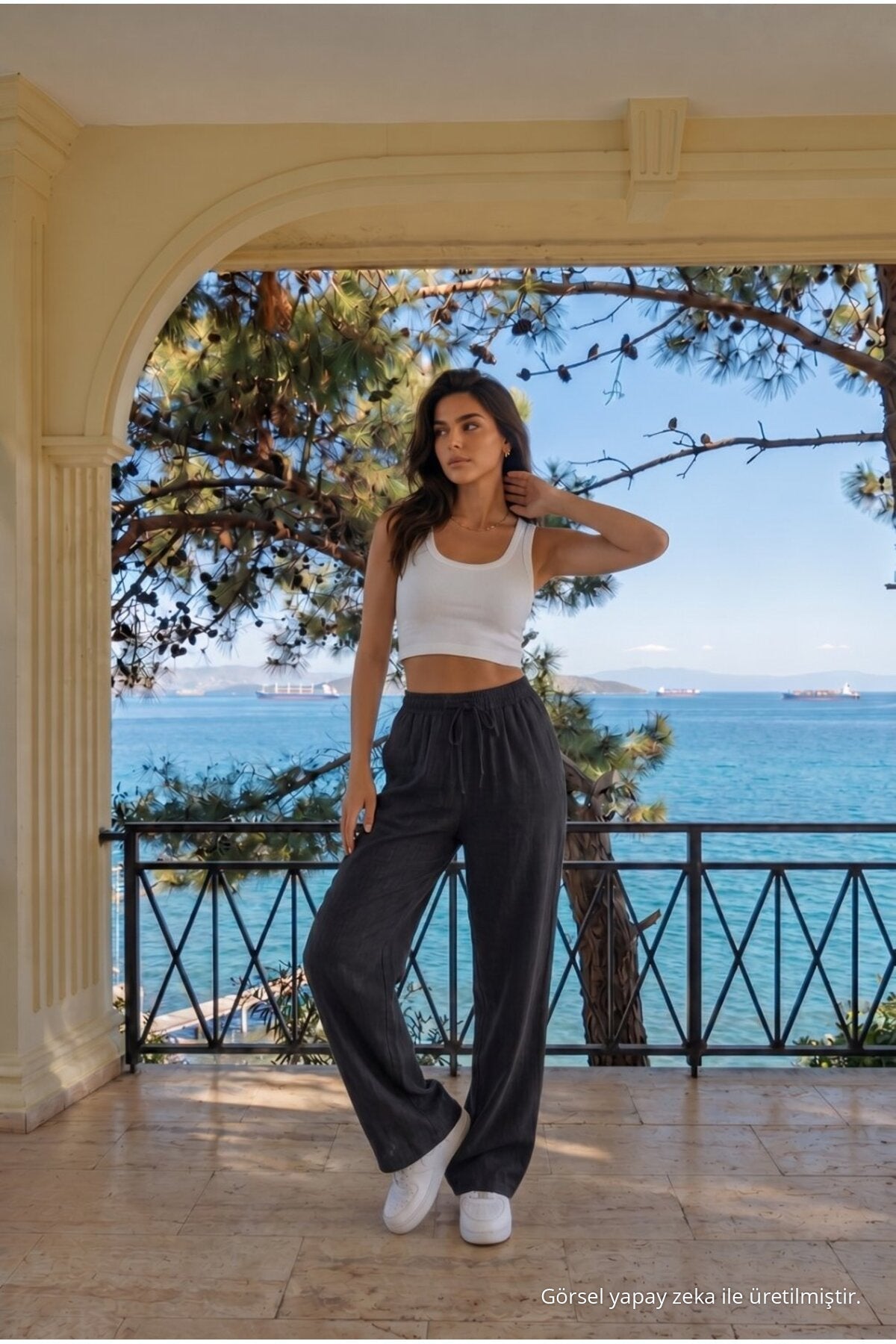 Black Linen Blend Loose Fit Elastic Waist Trousers - MALLTURK
