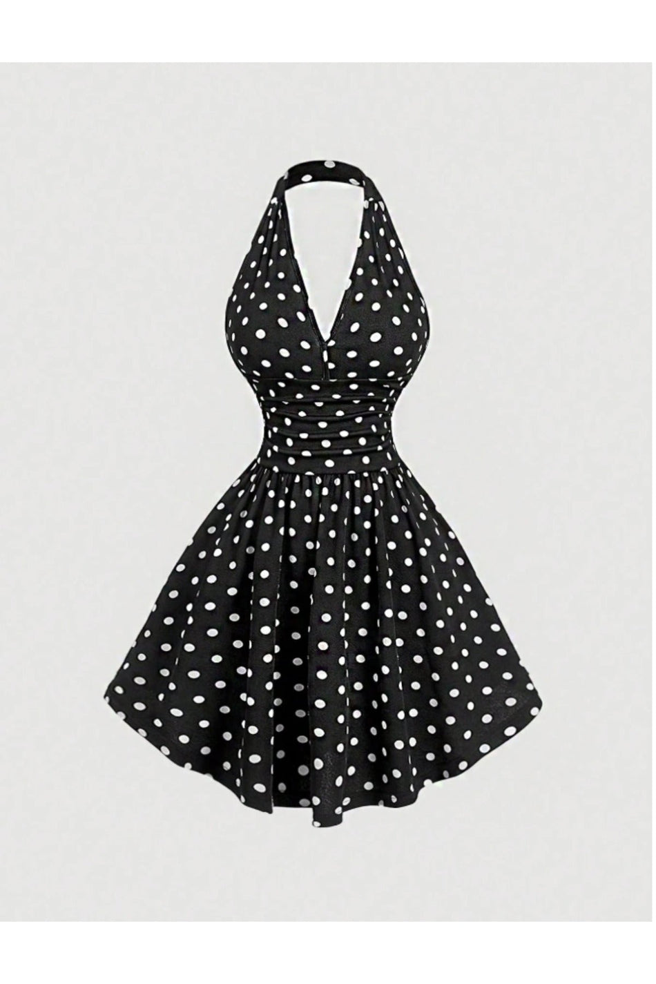 Black Polka Dot Halter Neck Midi Dress - MALLTURK
