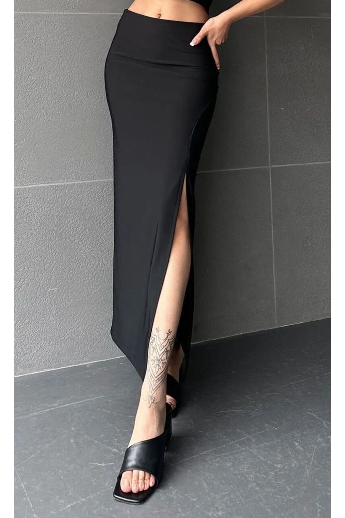 Black Slit Long Skirt Black Soft Touch Lycra Black Skirt Kuğu - MALLTURK