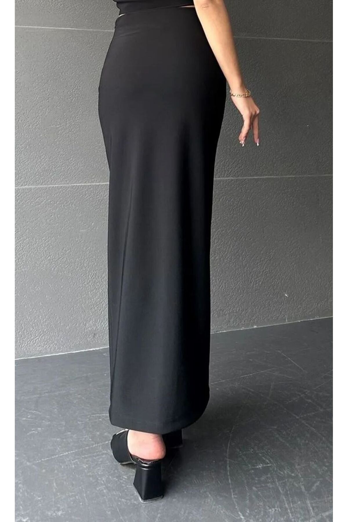Black Slit Long Skirt Black Soft Touch Lycra Black Skirt Kuğu - MALLTURK
