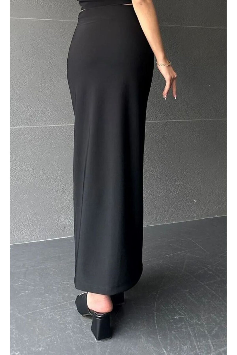 Black Slit Long Skirt Black Soft Touch Lycra Black Skirt Kuğu - MALLTURK