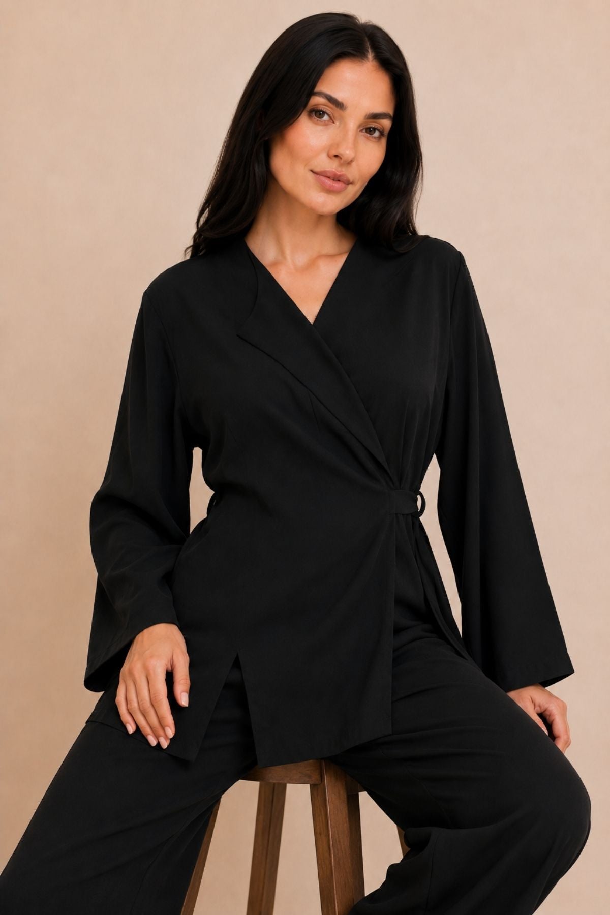 Black Tensel Woven Double-Breasted Tie-Up Top and Bottom Set - MALLTURK