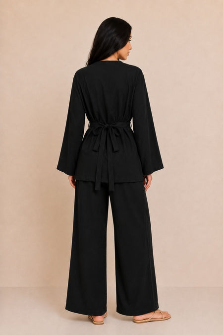 Black Tensel Woven Double-Breasted Tie-Up Top and Bottom Set - MALLTURK