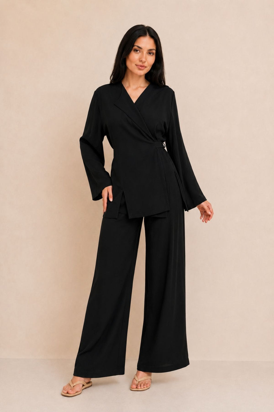 Black Tensel Woven Double-Breasted Tie-Up Top and Bottom Set - MALLTURK