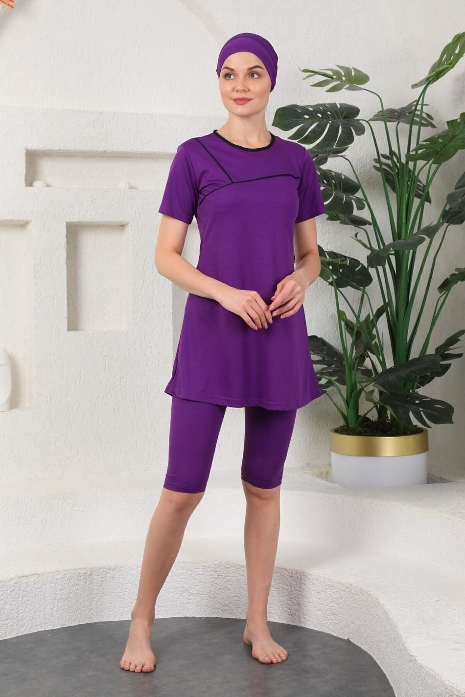 Black Trim Semi-Closed Hijab Swimsuit Purple Color - MALLTURK