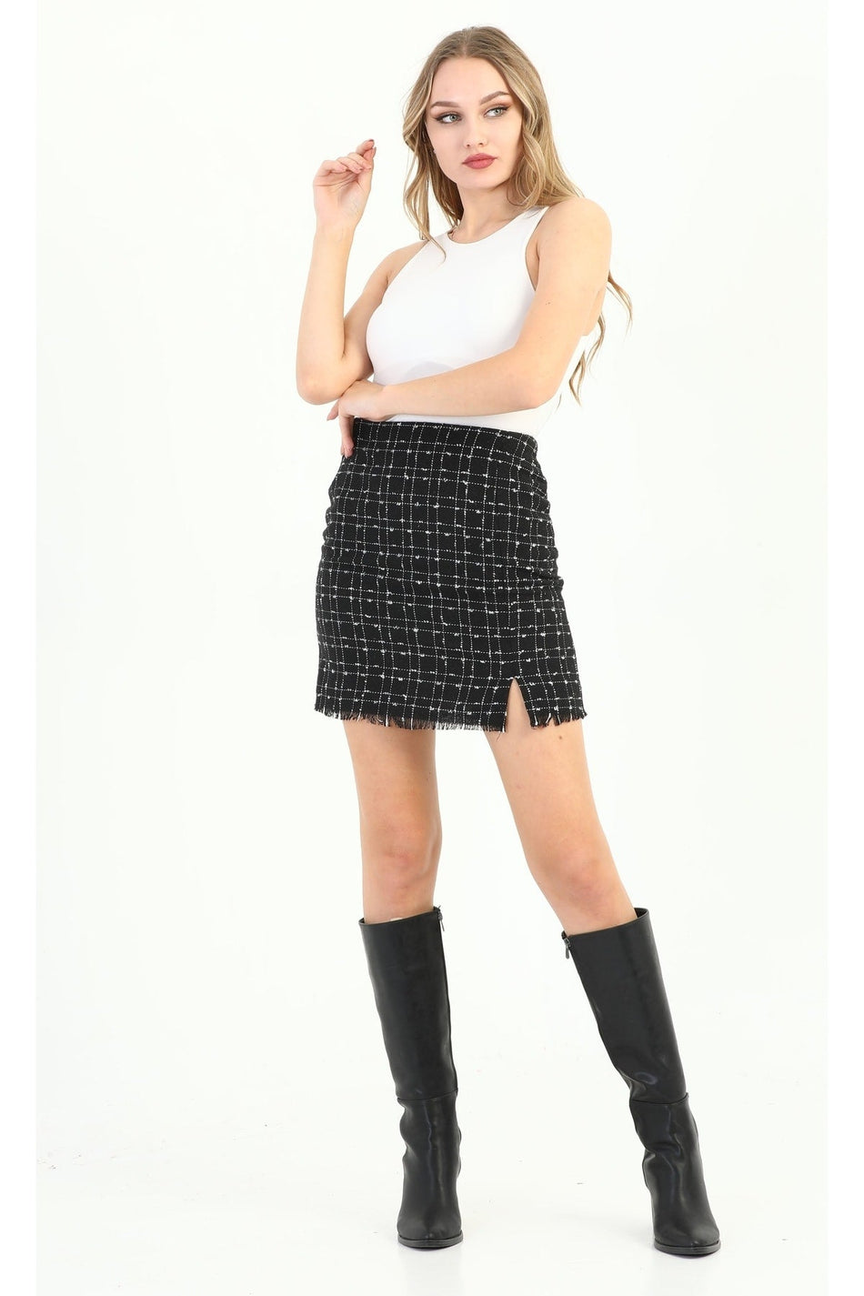 Black Tweed Mini Skirt with Slit - MALLTURK