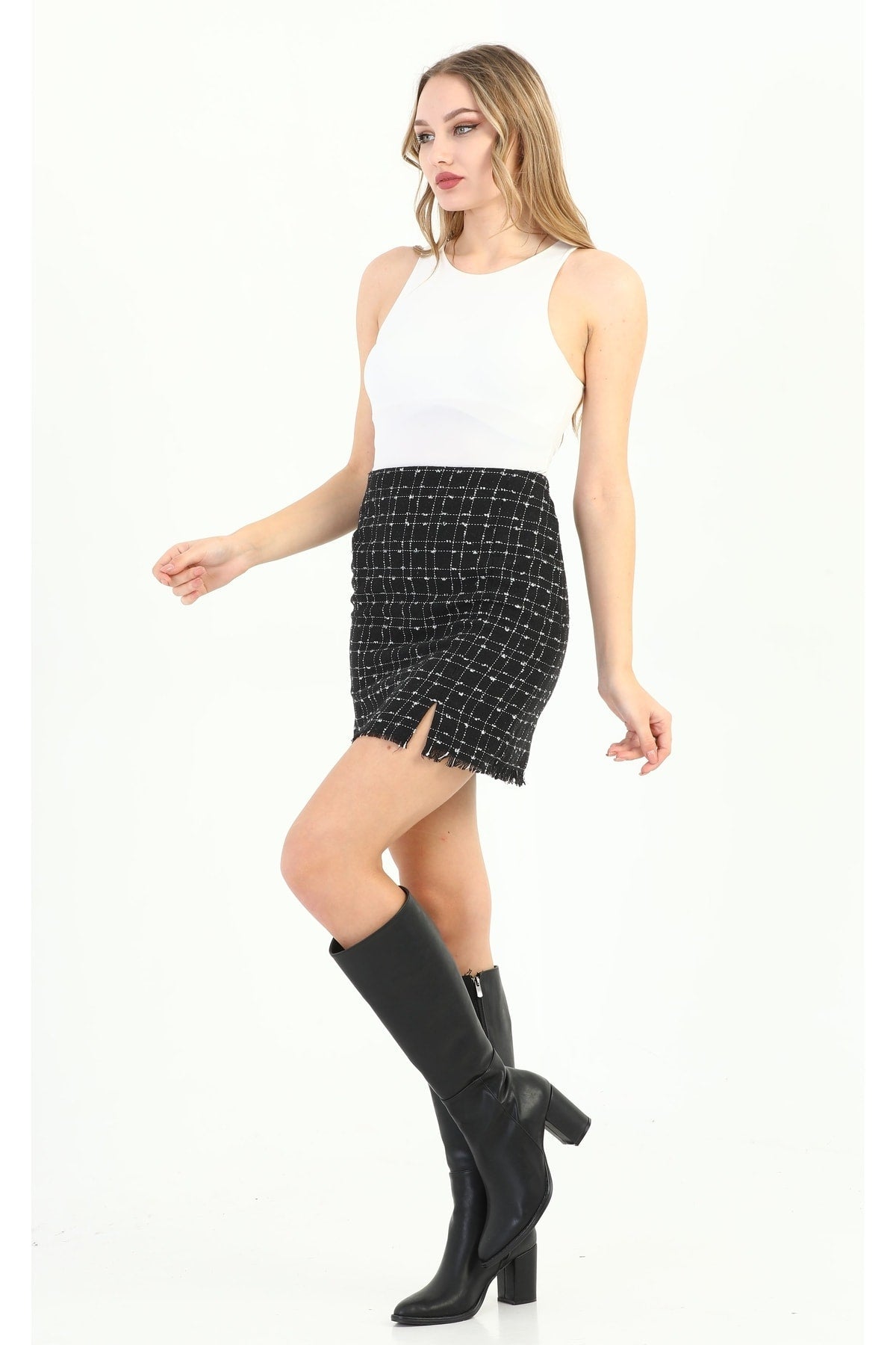 Black Tweed Mini Skirt with Slit - MALLTURK