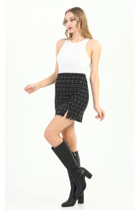 Black Tweed Mini Skirt with Slit - MALLTURK